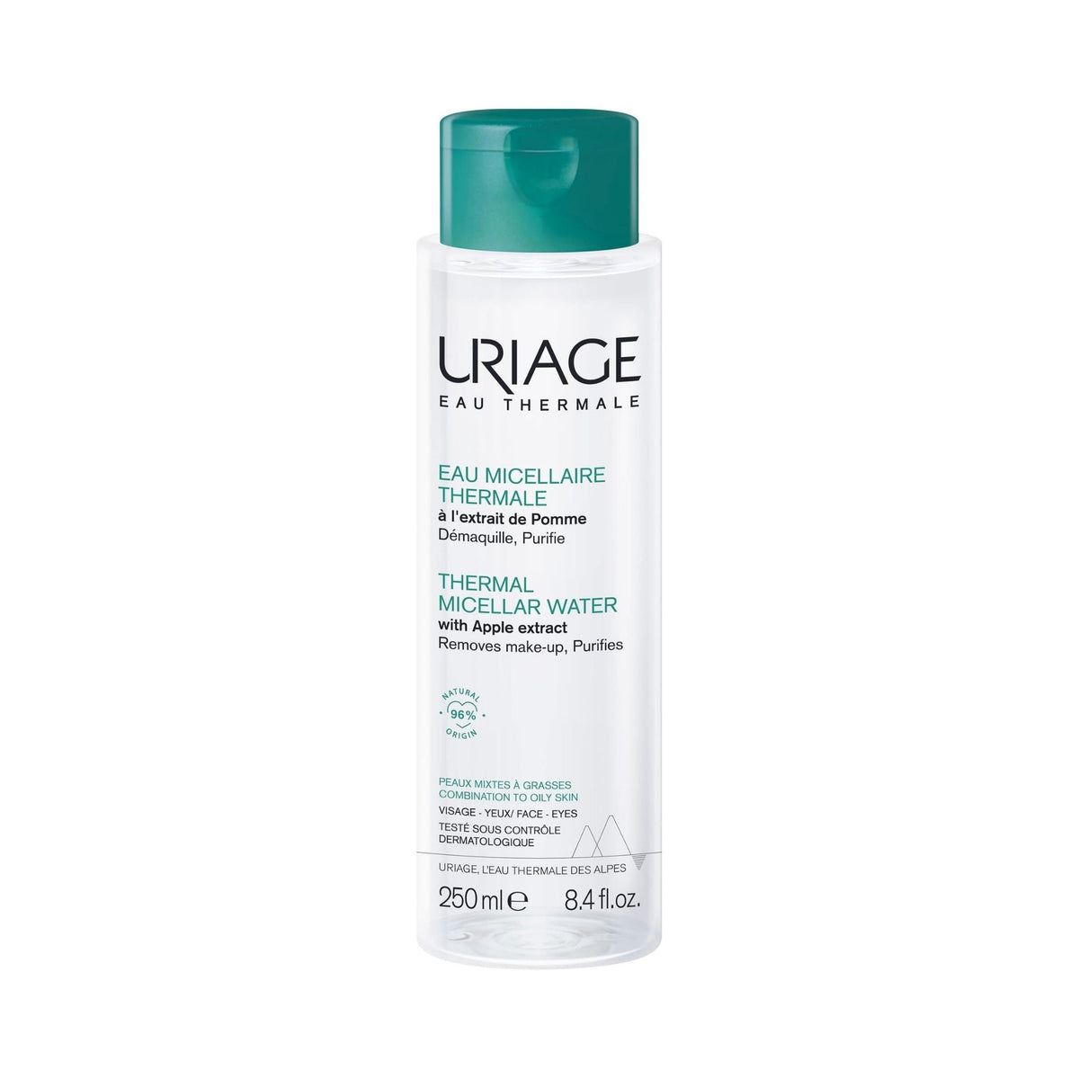 Refect Beauty Uriage Thermal Micellar Water for combination to oily skin in a 250ml clear bottle with a green cap.