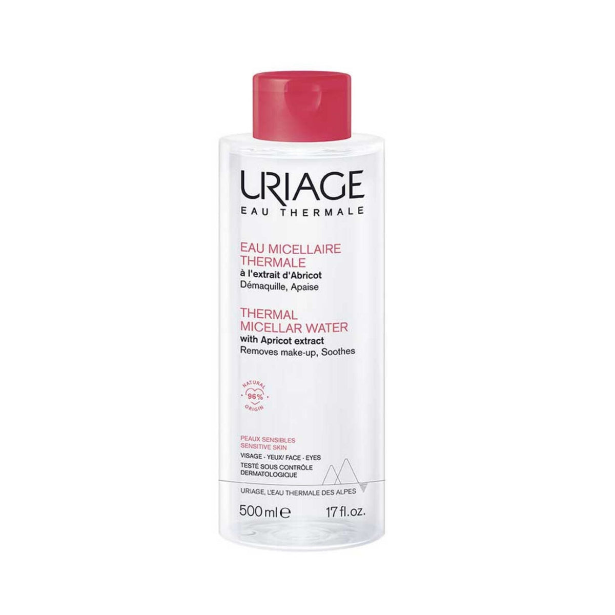Refect Beauty Uriage Thermal Micellar Water with apricot extract for sensitive skin in a 500ml clear bottle