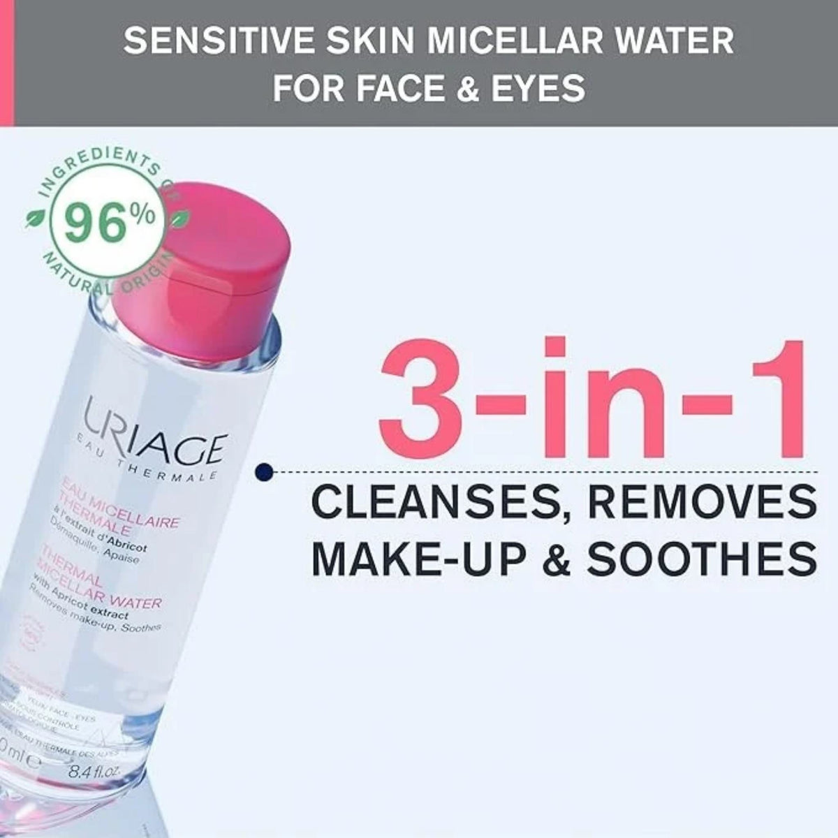 Refect Beauty Uriage Thermal Micellar Water bottle for sensitive skin, featuring 3-in-1 cleansing and soothing formula.