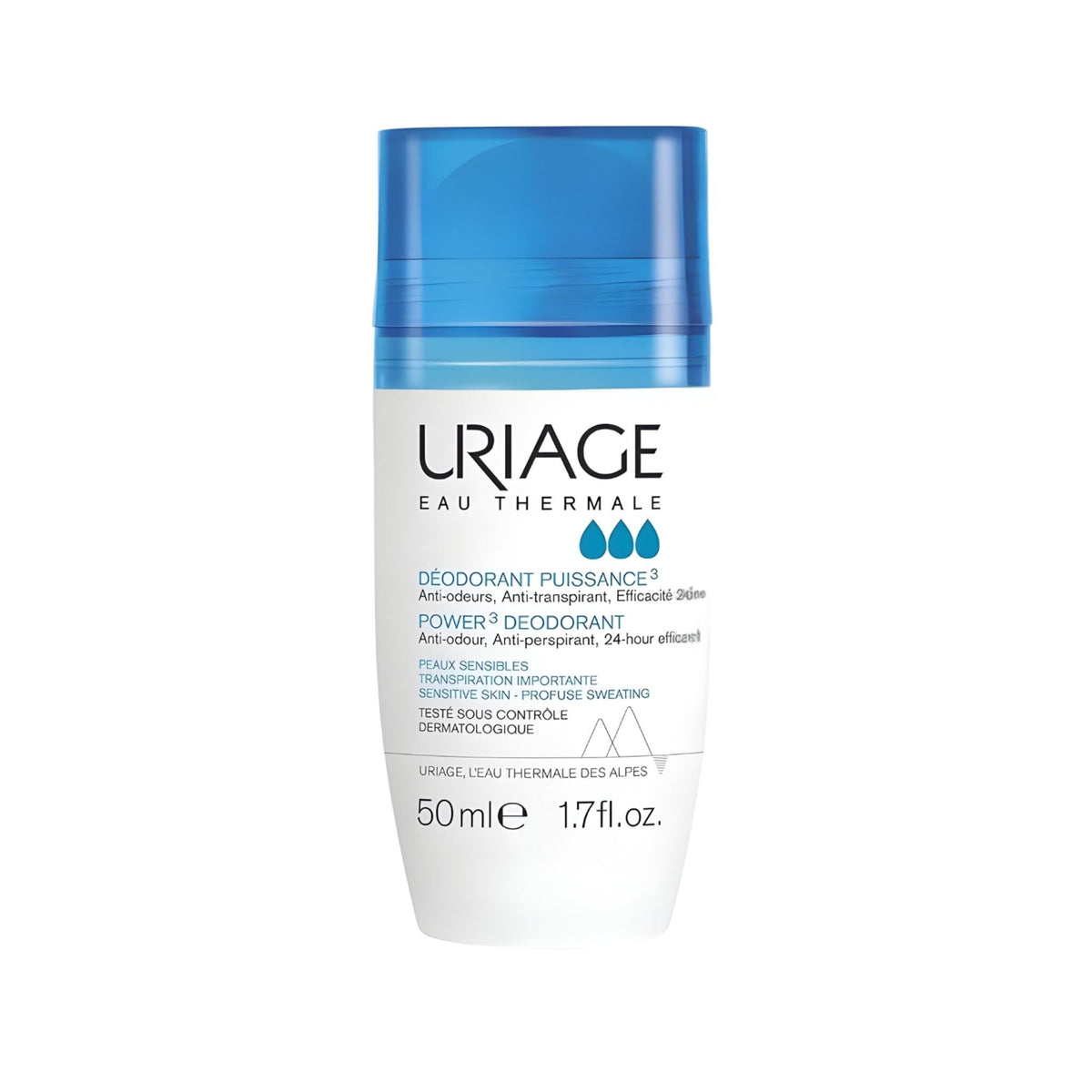 Refect Beauty Uriage Eau Thermale Power 3 deodorant roll-on for sensitive skin in a white and blue 50ml bottle.