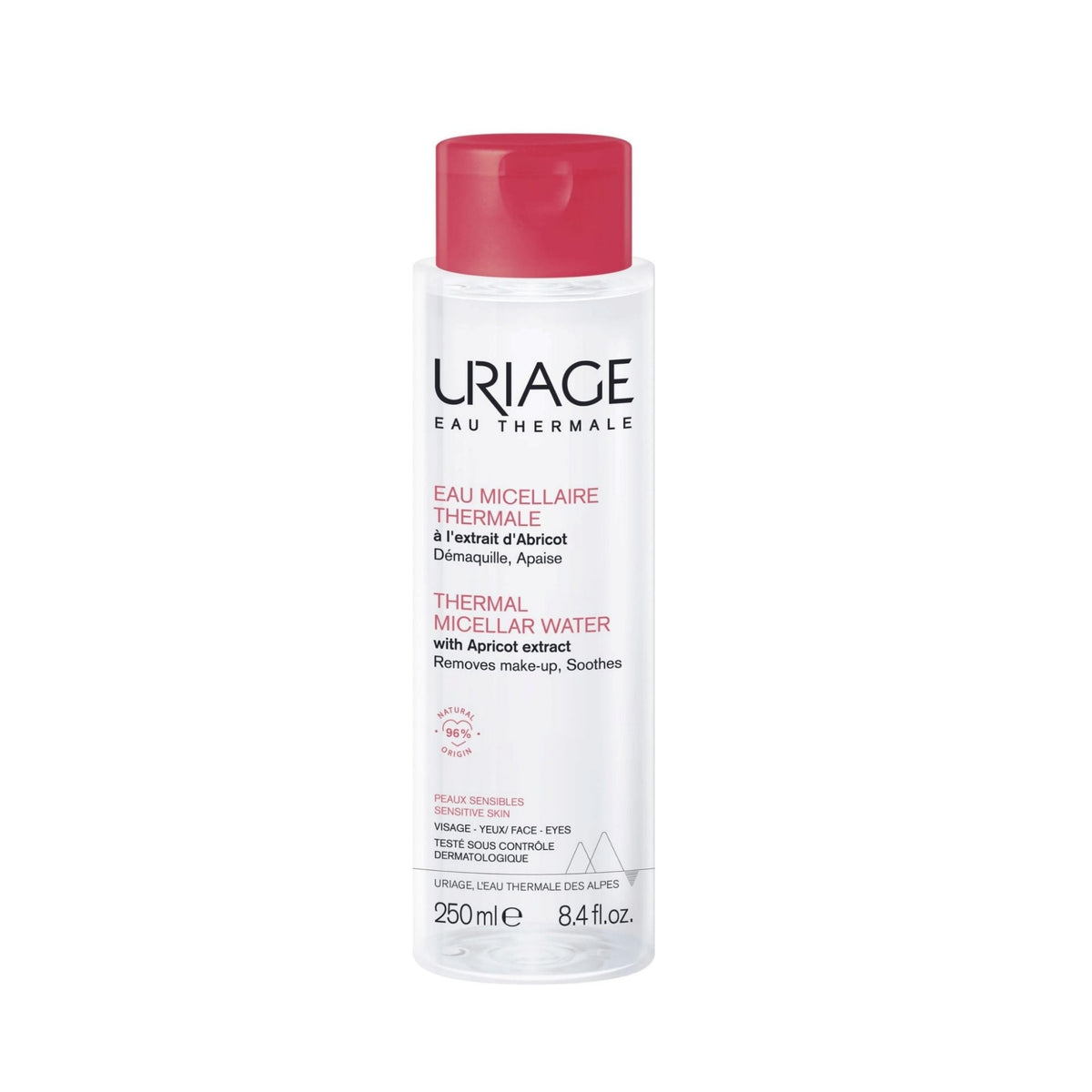 Refect Beauty Uriage Thermal Micellar Water with apricot extract in a clear 250ml bottle for sensitive skin.