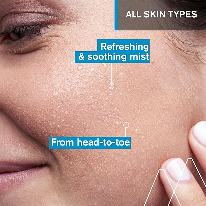 Refect Beauty Uriage Eau Thermale water mist applied to a woman's face for soothing and refreshing skin hydration.