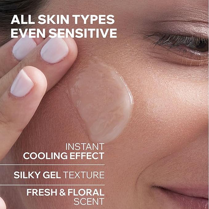 Refect Beauty Uriage Eau Thermale Water Sleeping Mask showing a silky gel texture being applied to a woman's cheek.