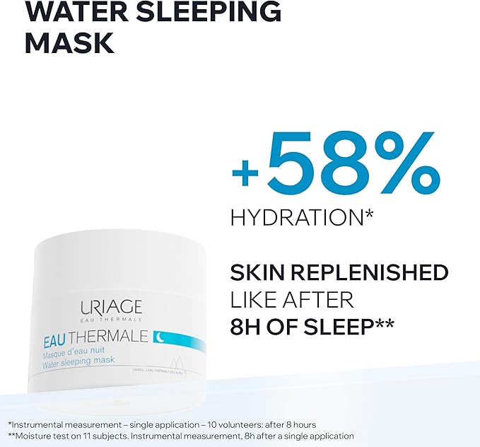 Refect Beauty Uriage Eau Thermale Water Sleeping Mask jar showing 58 percent hydration benefit for overnight use
