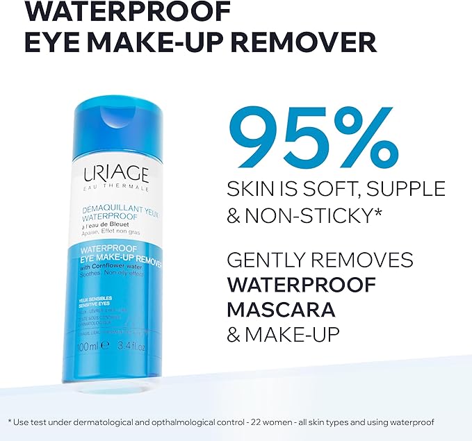 Refect Beauty Uriage bi-phase waterproof eye makeup remover bottle for sensitive eyes with soothing thermal water.