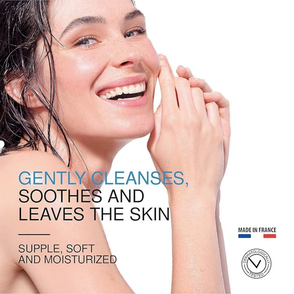 Refect Beauty Uriage Xémose face and body wash used by a smiling woman with fresh, hydrated skin