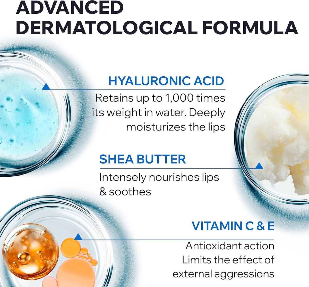 Refect Beauty Uriage Xemose lip balm ingredients infographic showing hyaluronic acid, shea butter, and vitamins C and E