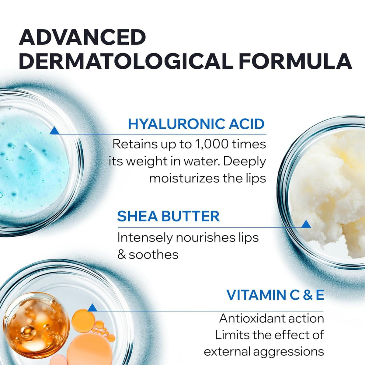 Refect Beauty Uriage Xemose lip balm ingredients infographic showing hyaluronic acid, shea butter, and vitamins C and E