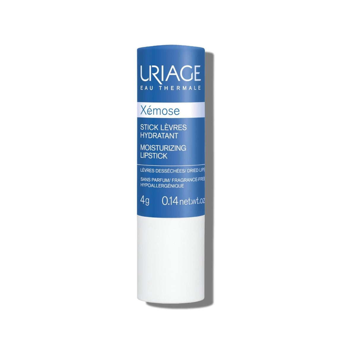 Refect Beauty Uriage Xemose moisturizing lip balm stick for dry and sensitive lips in blue and white packaging