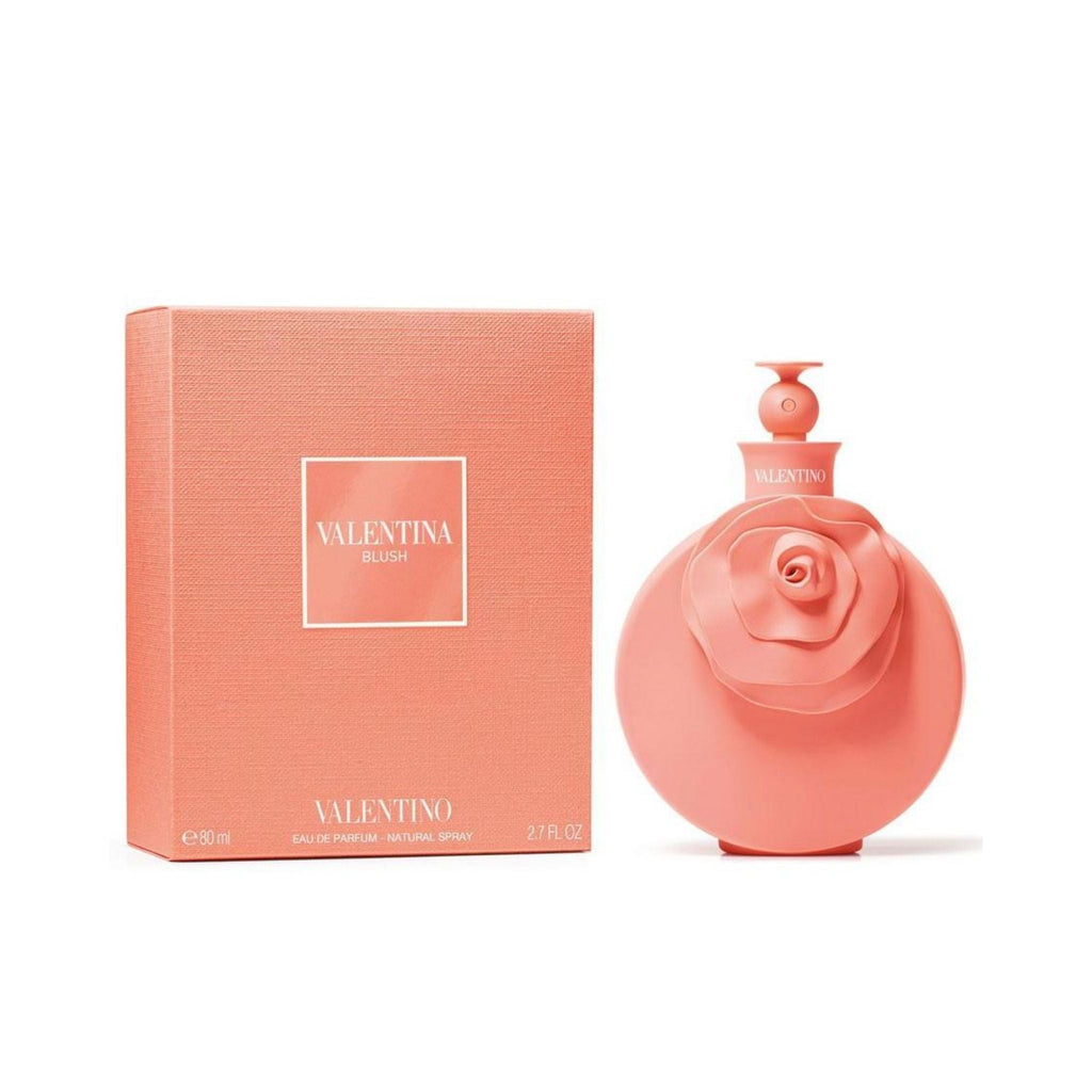 Refect Beauty Valentino Blush Eau de Parfum bottle and box in coral pink with a signature rose flower design