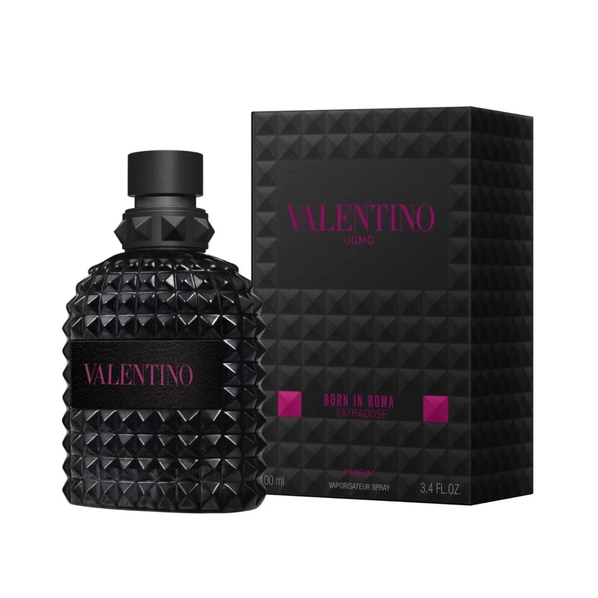 Refect Beauty Valentino Born in Roma Uomo Extradose Eau de Parfum bottle and box with black studded design