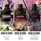 Refect Beauty Valentino Born in Roma fragrance collection featuring Uomo, Intense, and Extradose bottles with floral decor