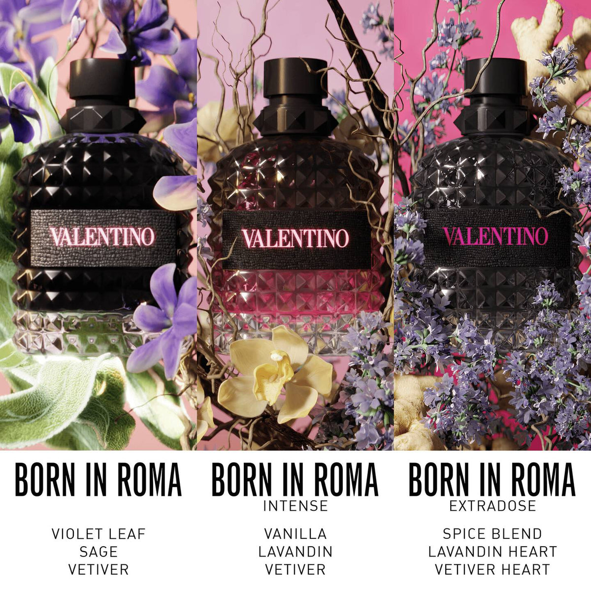 Refect Beauty Valentino Born in Roma fragrance collection featuring Uomo, Intense, and Extradose bottles with floral decor