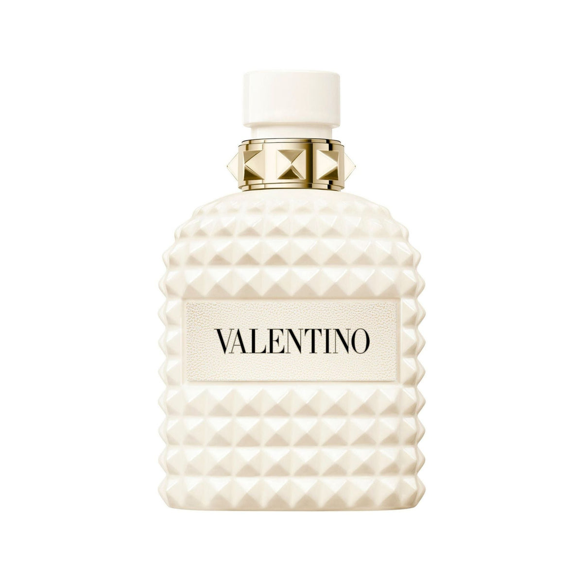 Refect Beauty Valentino Born In Roma Uomo Ivory Eau de Toilette bottle with signature rockstud design and white cap.
