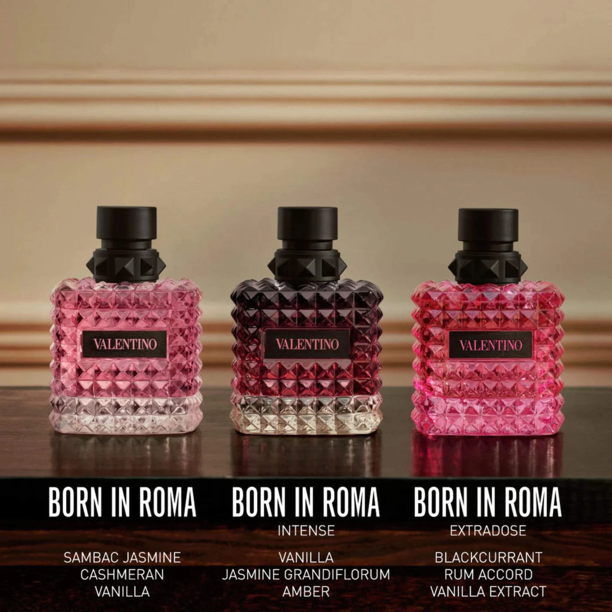 Refect Beauty Valentino Donna Born In Roma perfume collection featuring three glass bottles with signature stud design.