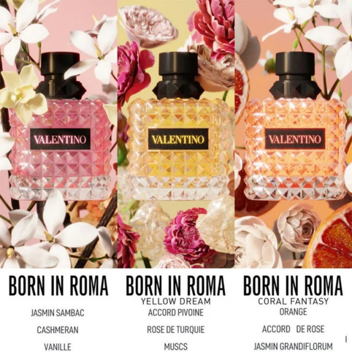 Refect Beauty Valentino Born In Roma perfume collection featuring Yellow Dream, Coral Fantasy, and original scents.