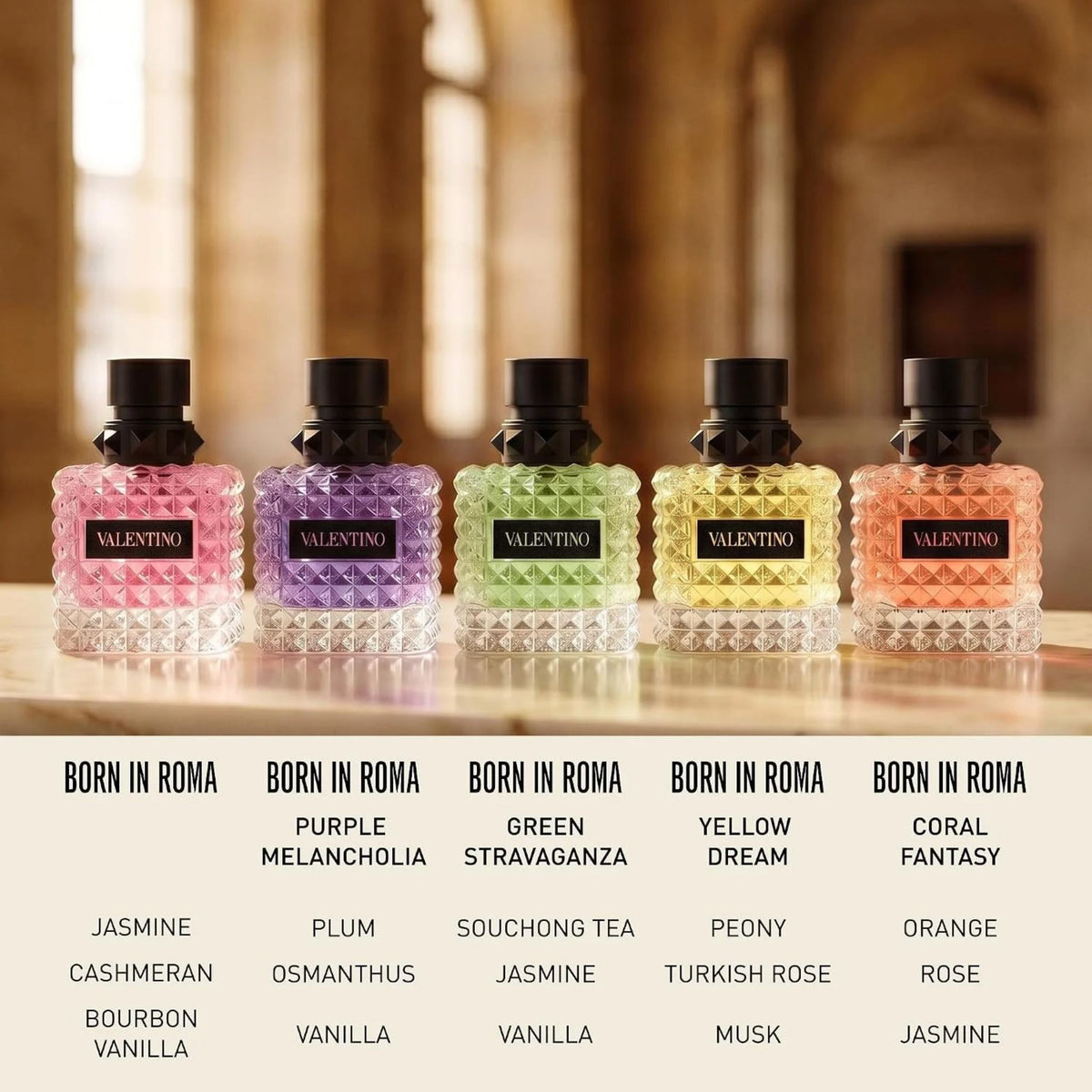 Refect Beauty Valentino Donna Born In Roma perfume collection featuring five colourful glass bottles on a marble table
