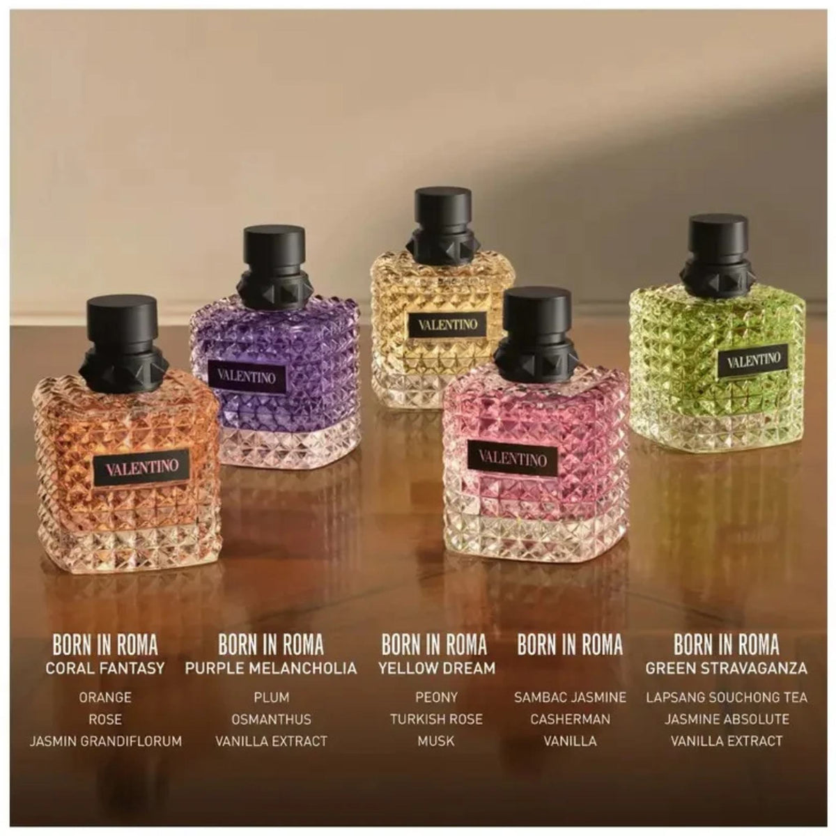 Refect Beauty collection of five Valentino Donna Born In Roma perfume bottles in various vibrant glass colours