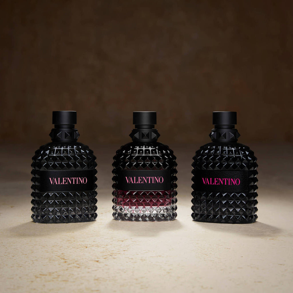 Refect Beauty Valentino Born in Roma Uomo Extradose perfume bottles with iconic black rockstud glass design
