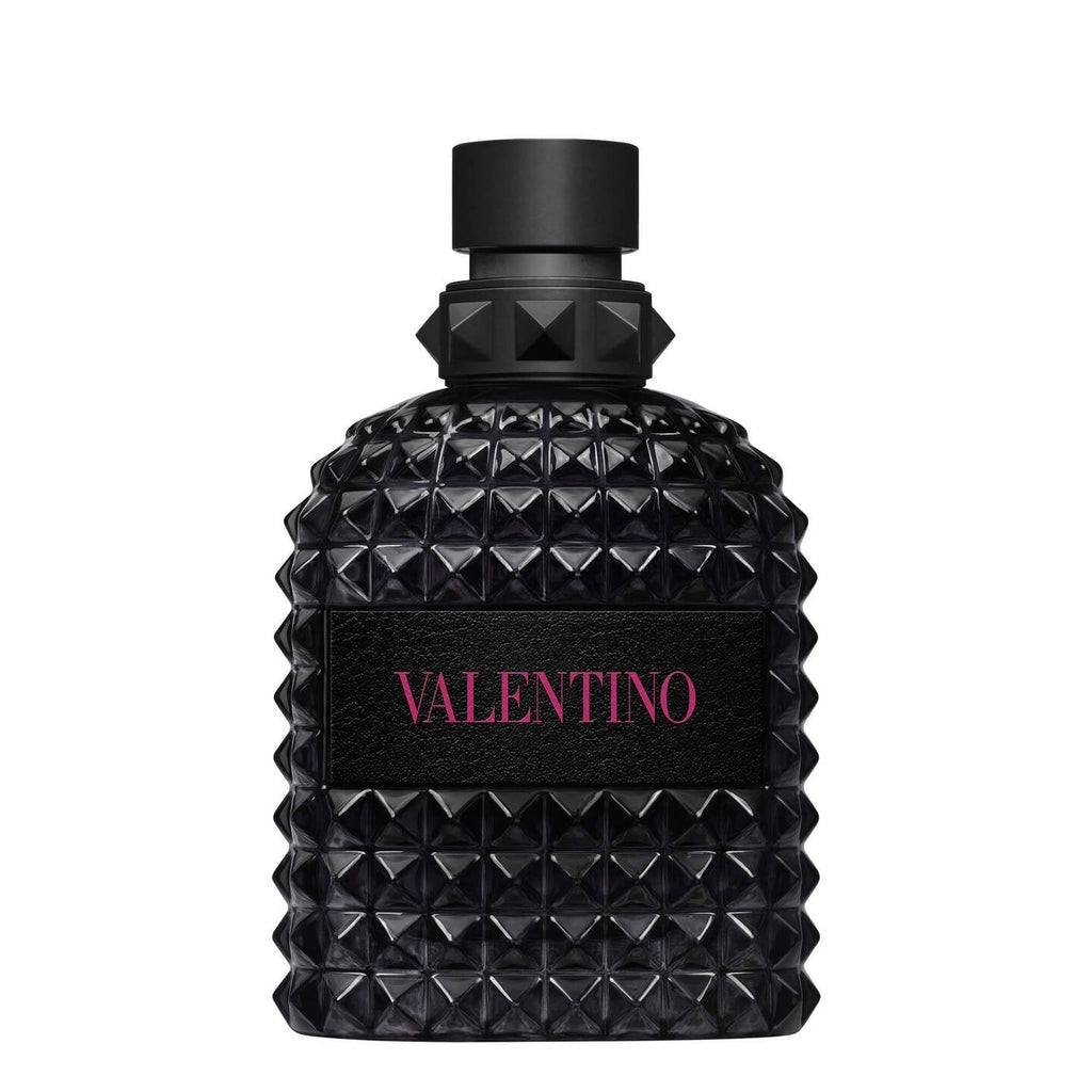 Refect Beauty Valentino Born in Roma Uomo Extradose perfume bottle with iconic black studded glass and pink logo.