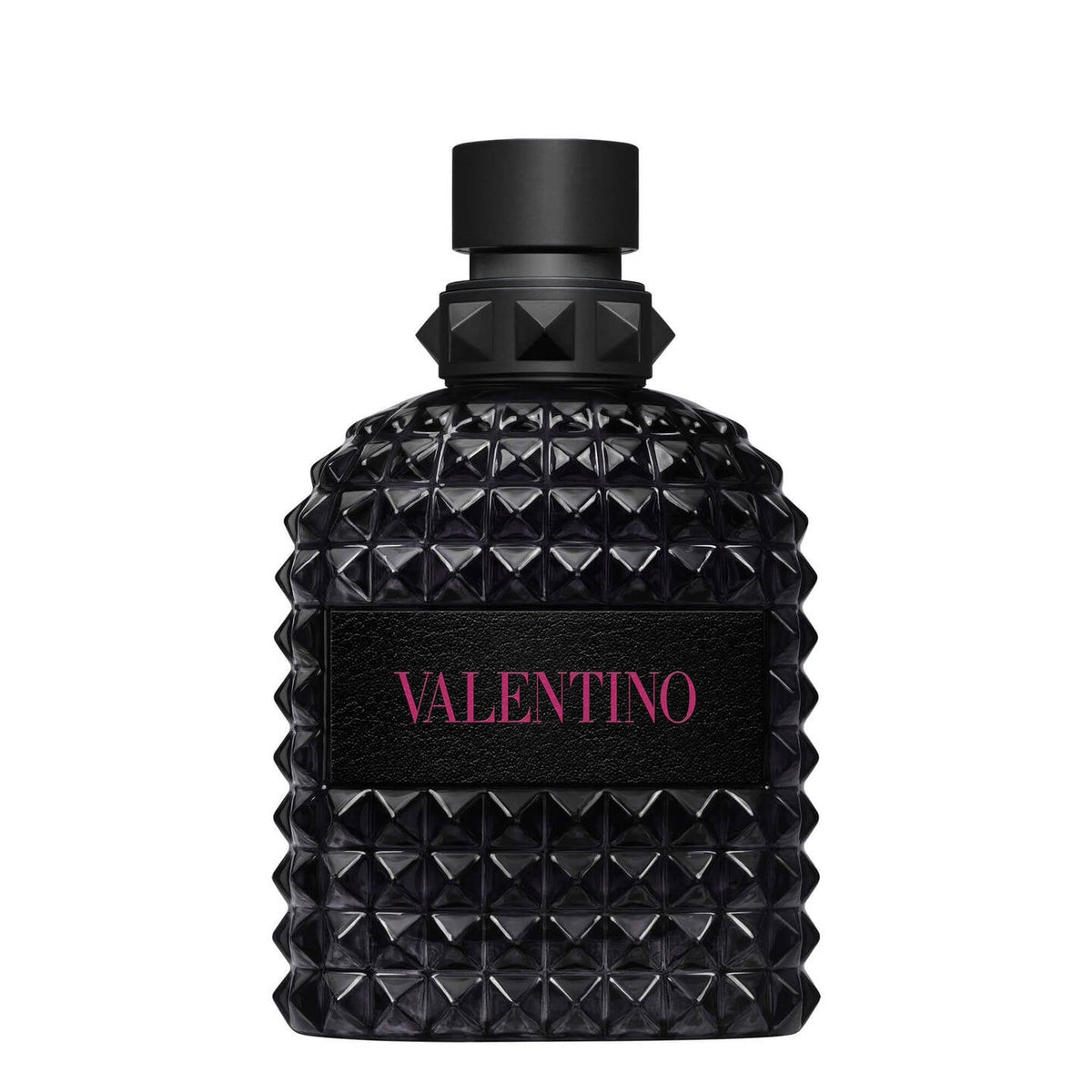 Refect Beauty Valentino Born in Roma Uomo Extradose perfume bottle with iconic black studded glass and pink logo.