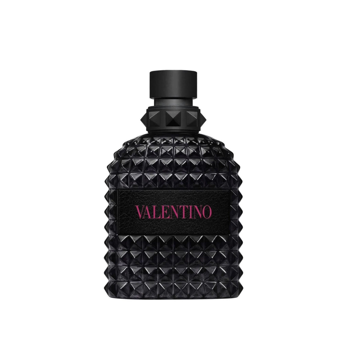 Refect Beauty Valentino Born in Roma Uomo Extradose Eau de Parfum in a black studded glass bottle with pink lettering.