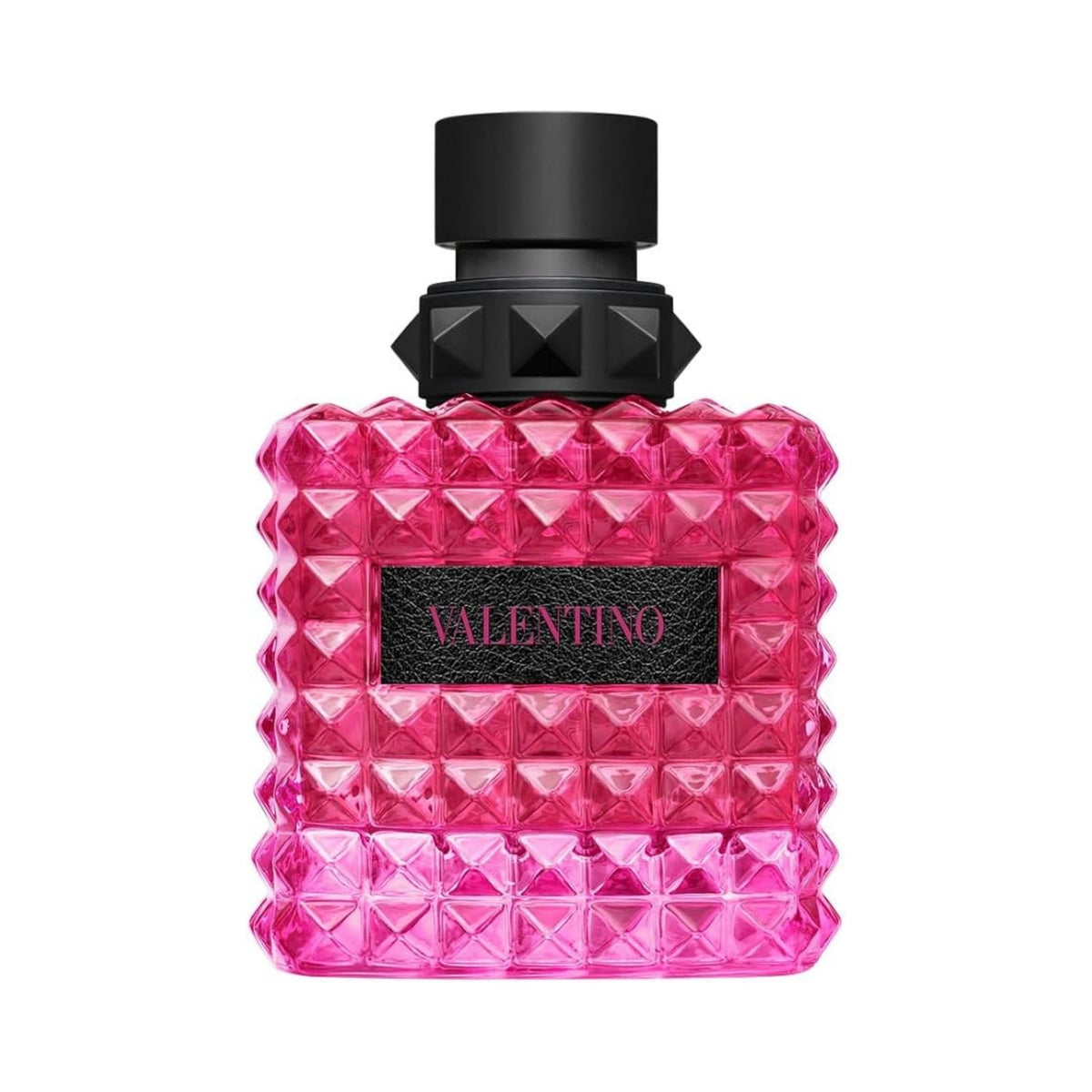 Refect Beauty Valentino Donna Born in Roma Extradose Parfum in a bright pink studded glass bottle with black cap.