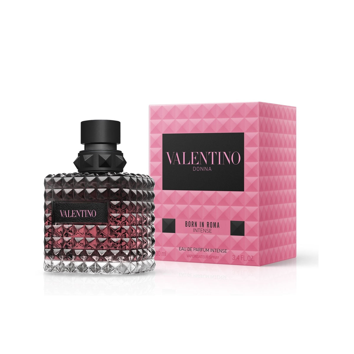 Refect Beauty Valentino Donna Born In Roma Intense perfume bottle with its signature studded glass and pink box.
