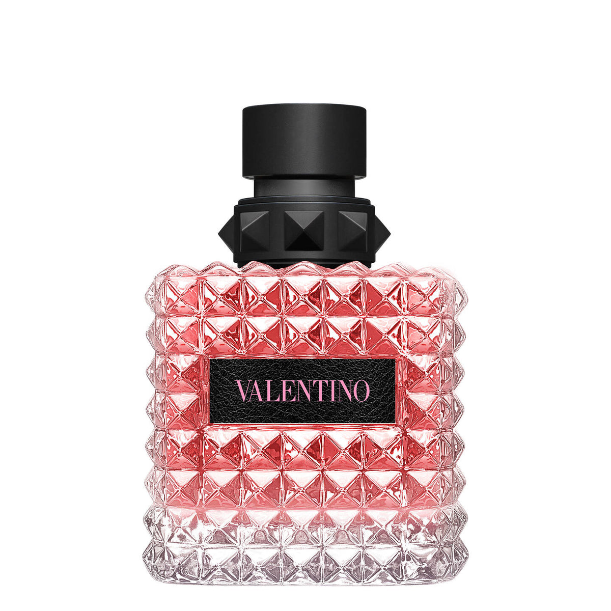 Refect Beauty Valentino Donna Born In Roma perfume bottle with pink glass, rockstud texture, and black cap