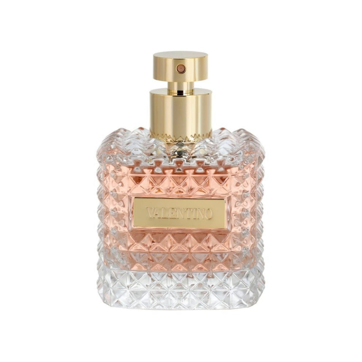 Refect Beauty Valentino Donna Eau de Parfum in a clear glass bottle with a textured stud design and gold cap.