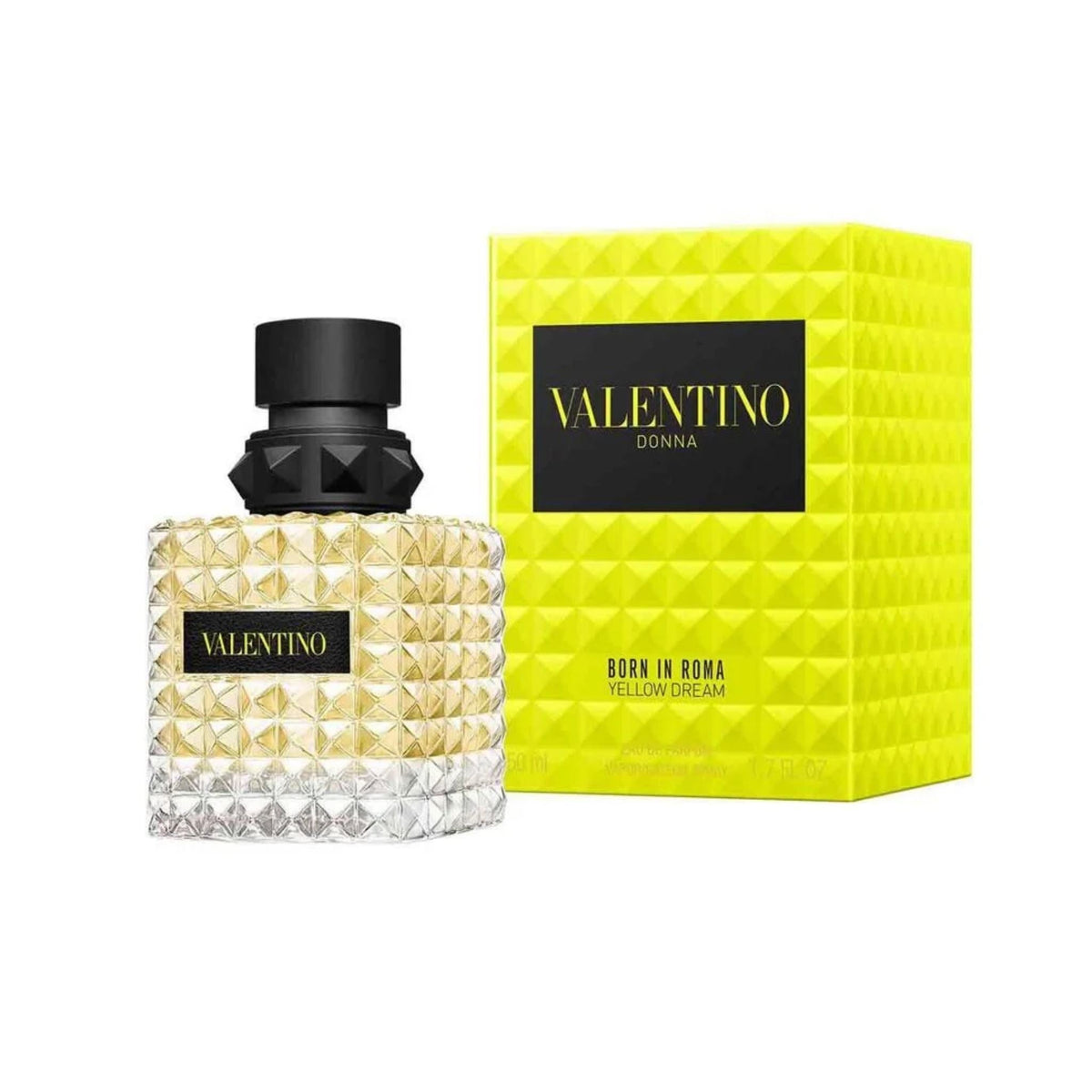 Refect Beauty Valentino Donna Born In Roma Yellow Dream perfume bottle and box with iconic studded glass design