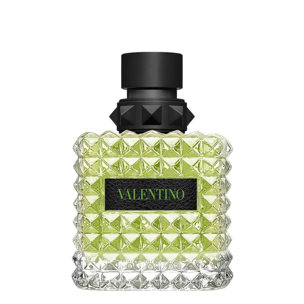 Refect Beauty Valentino Donna Born In Roma Green Stravaganza perfume bottle with signature rockstud glass design.