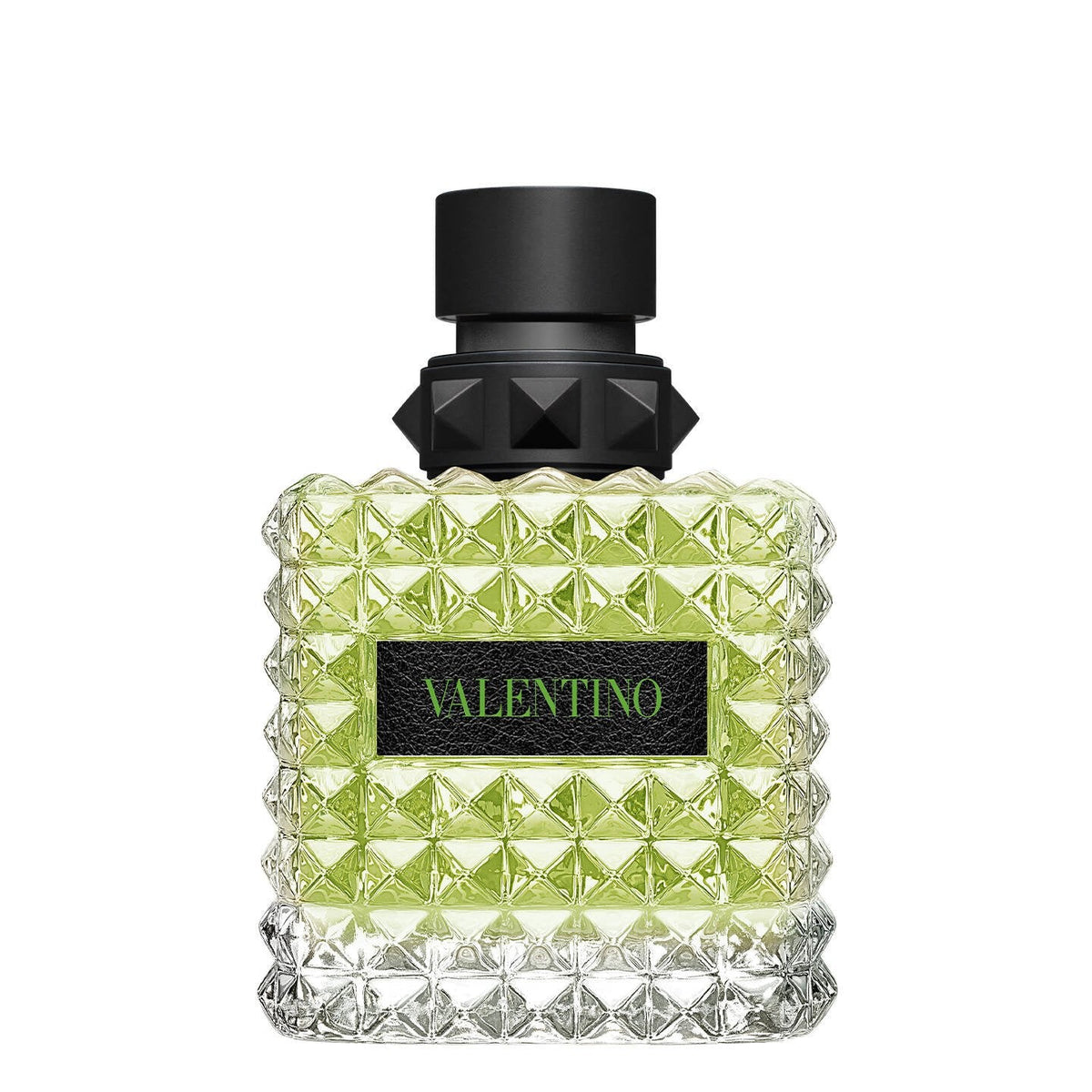 Refect Beauty Valentino Donna Born In Roma Green Stravaganza perfume bottle with signature rockstud glass design.