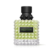 Refect Beauty Valentino Donna Born In Roma Green Stravaganza perfume bottle with signature rockstud glass design.