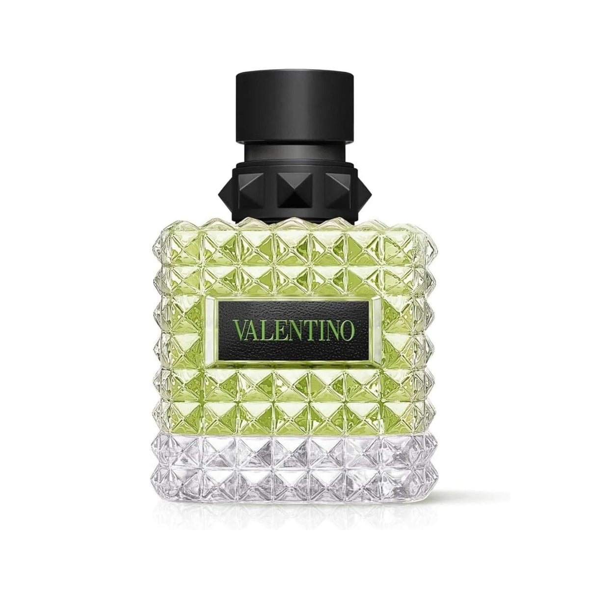 Refect Beauty Valentino Donna Born In Roma Green Stravaganza perfume bottle with signature rockstud glass design.