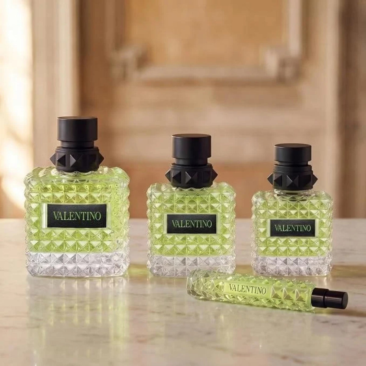 Refect Beauty Valentino Donna Born In Roma Green Stravaganza perfume bottles with signature studded glass design