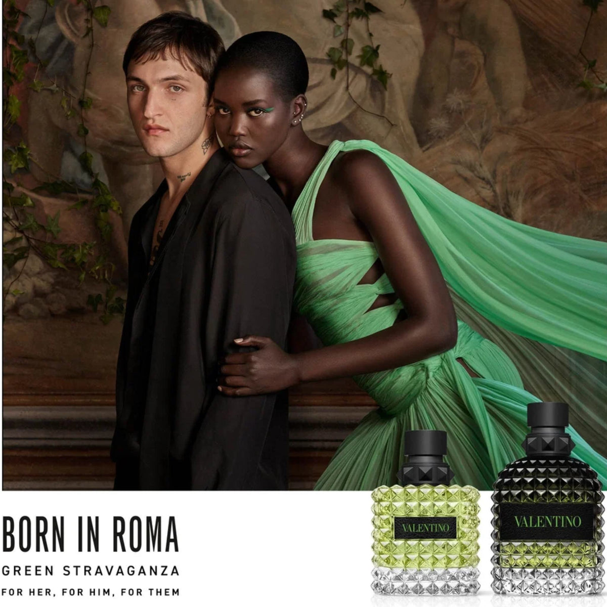 Refect Beauty Valentino Donna Born In Roma Green Stravaganza perfume bottles with models in a lush, artistic setting