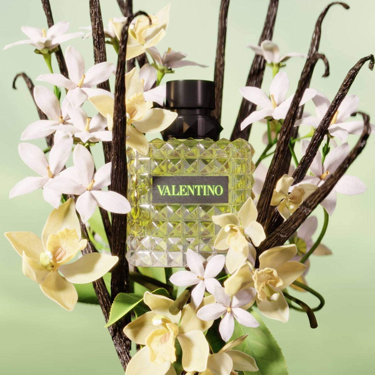 Refect Beauty Valentino Donna Born In Roma Green Stravaganza perfume bottle surrounded by jasmine and vanilla beans