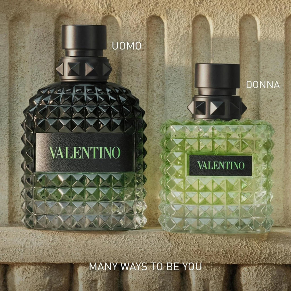 Refect Beauty Valentino Donna and Uomo Born In Roma Green Stravaganza perfume bottles with iconic rockstud glass