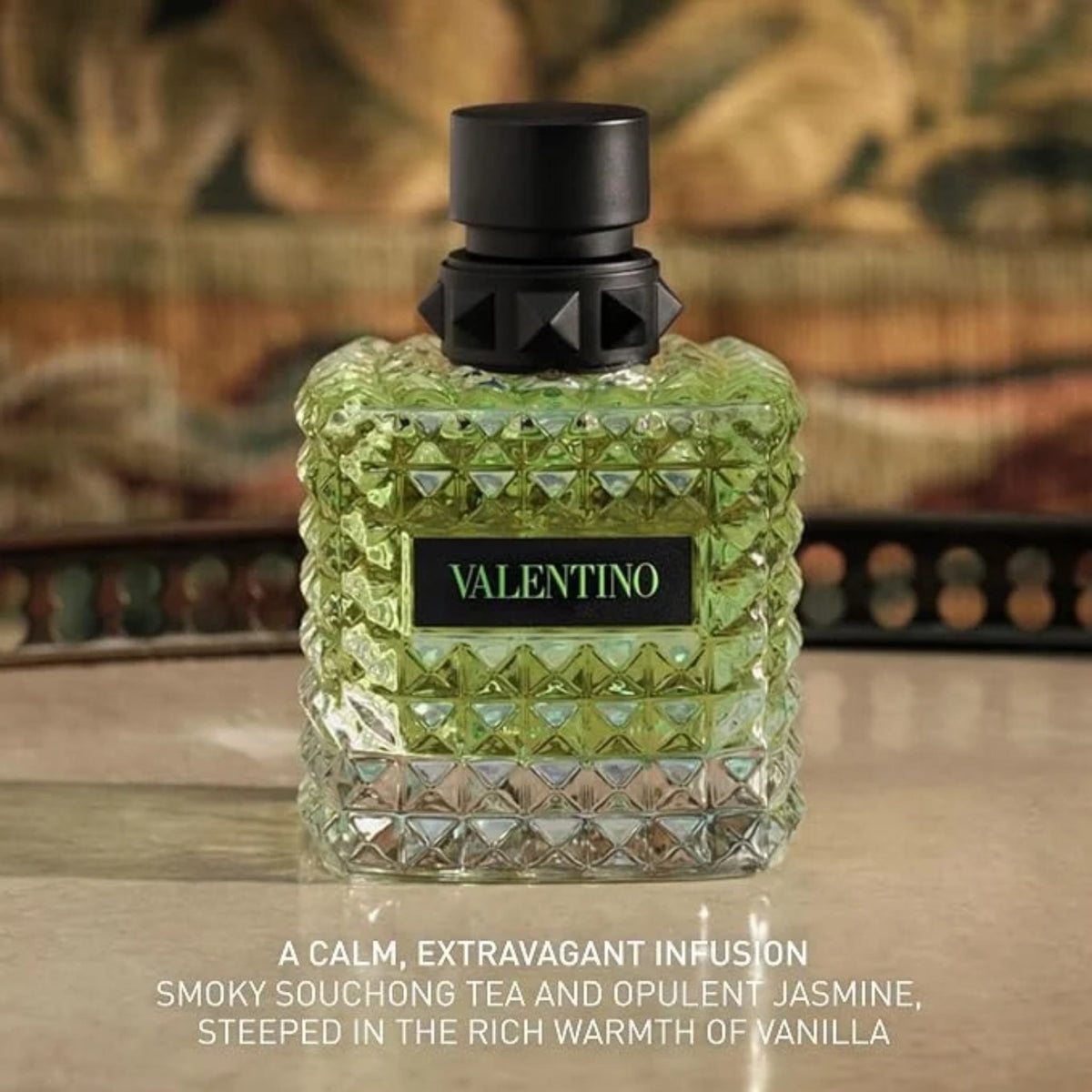 Refect Beauty Valentino Donna Born In Roma Green Stravaganza perfume bottle with signature rockstud glass design