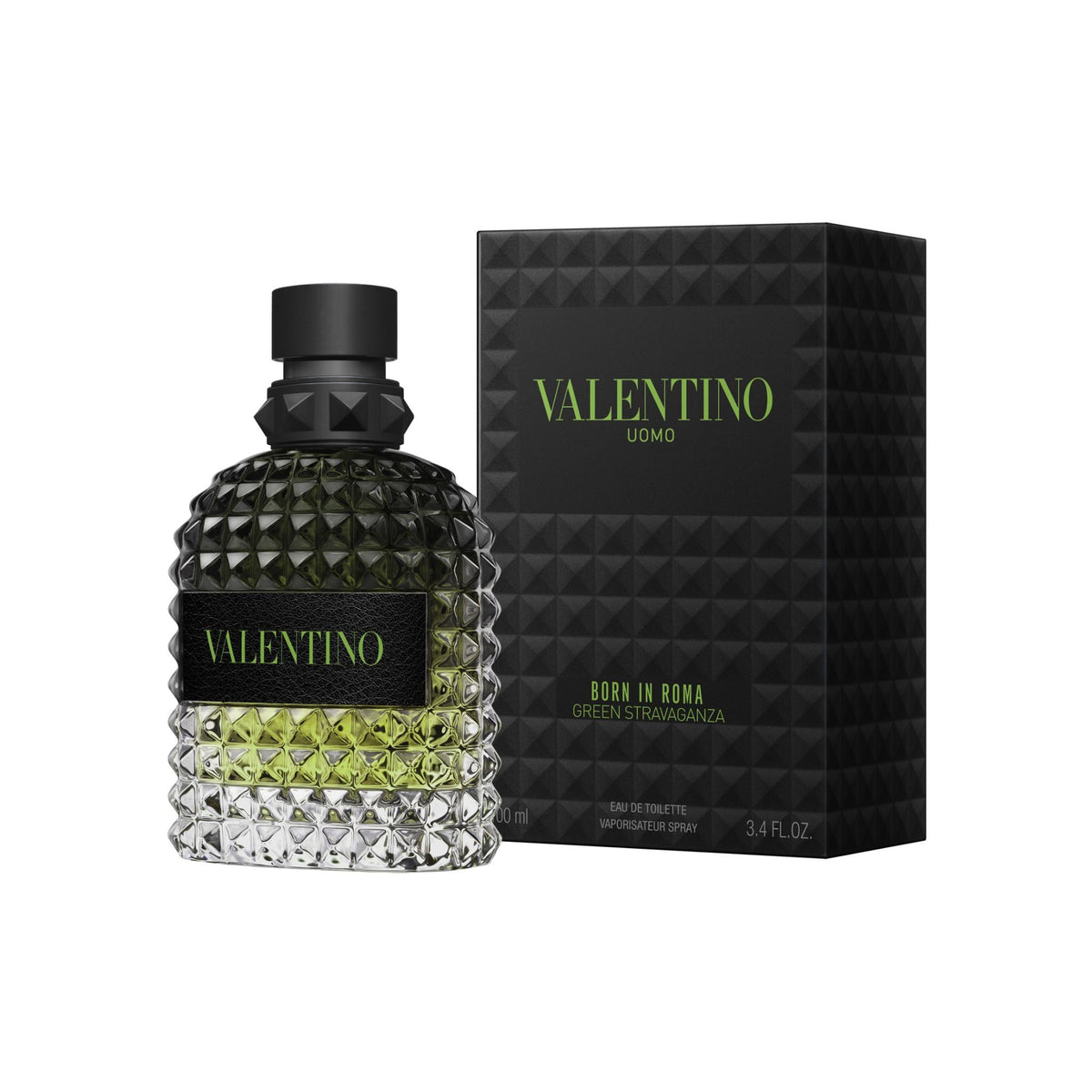 Refect Beauty Valentino Born in Roma Green Stravaganza eau de toilette bottle and black textured box