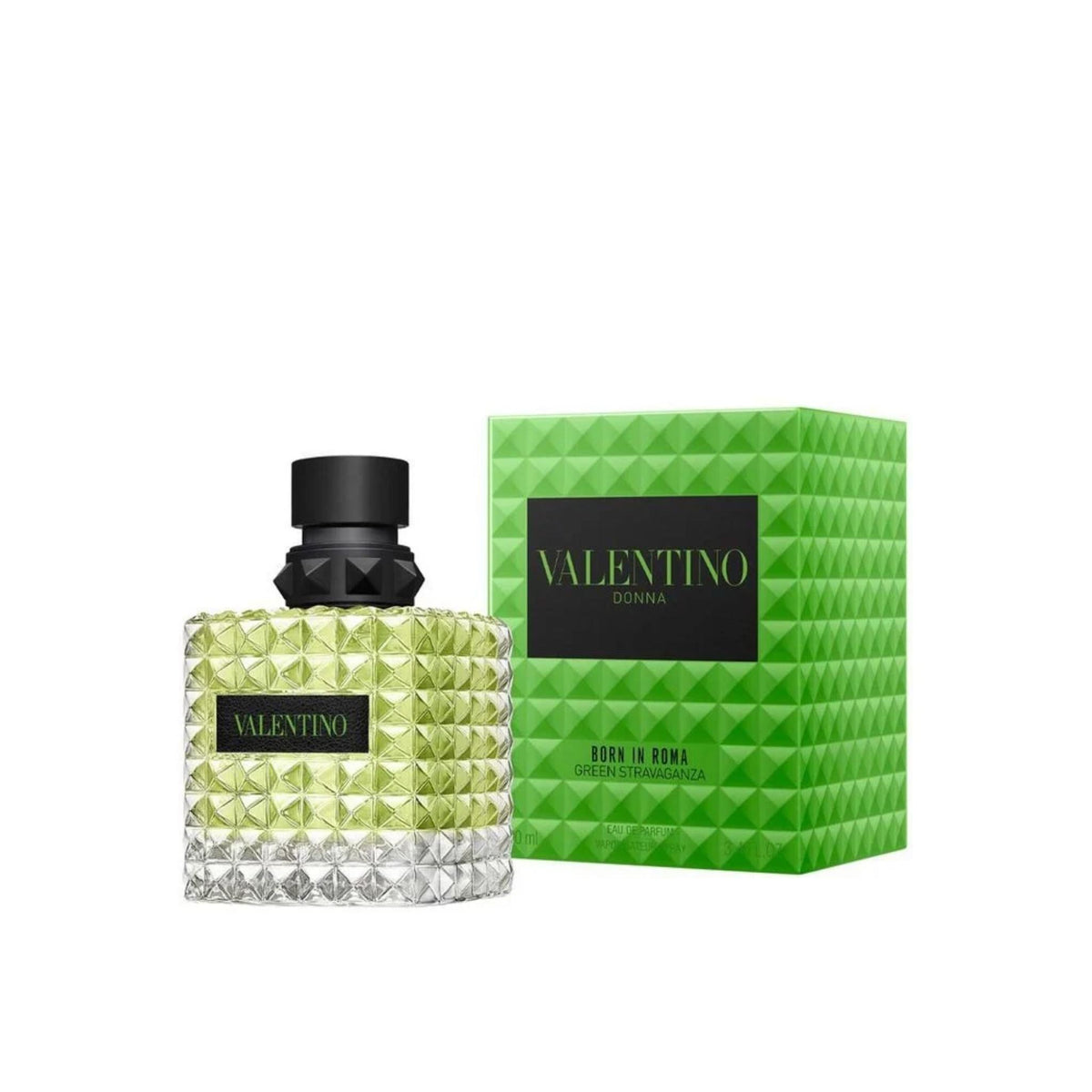 Refect Beauty Valentino Donna Born In Roma Green Stravaganza perfume bottle and box with signature stud design