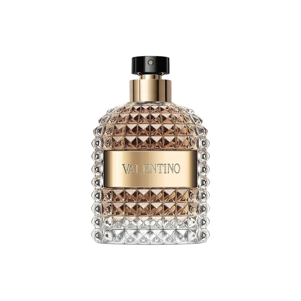 Refect Beauty Valentino Uomo Eau de Toilette in a glass bottle with gold accents and a textured stud design.