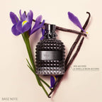 Refect Beauty Valentino Uomo Intense perfume bottle with iris flowers and vanilla beans on a soft beige background