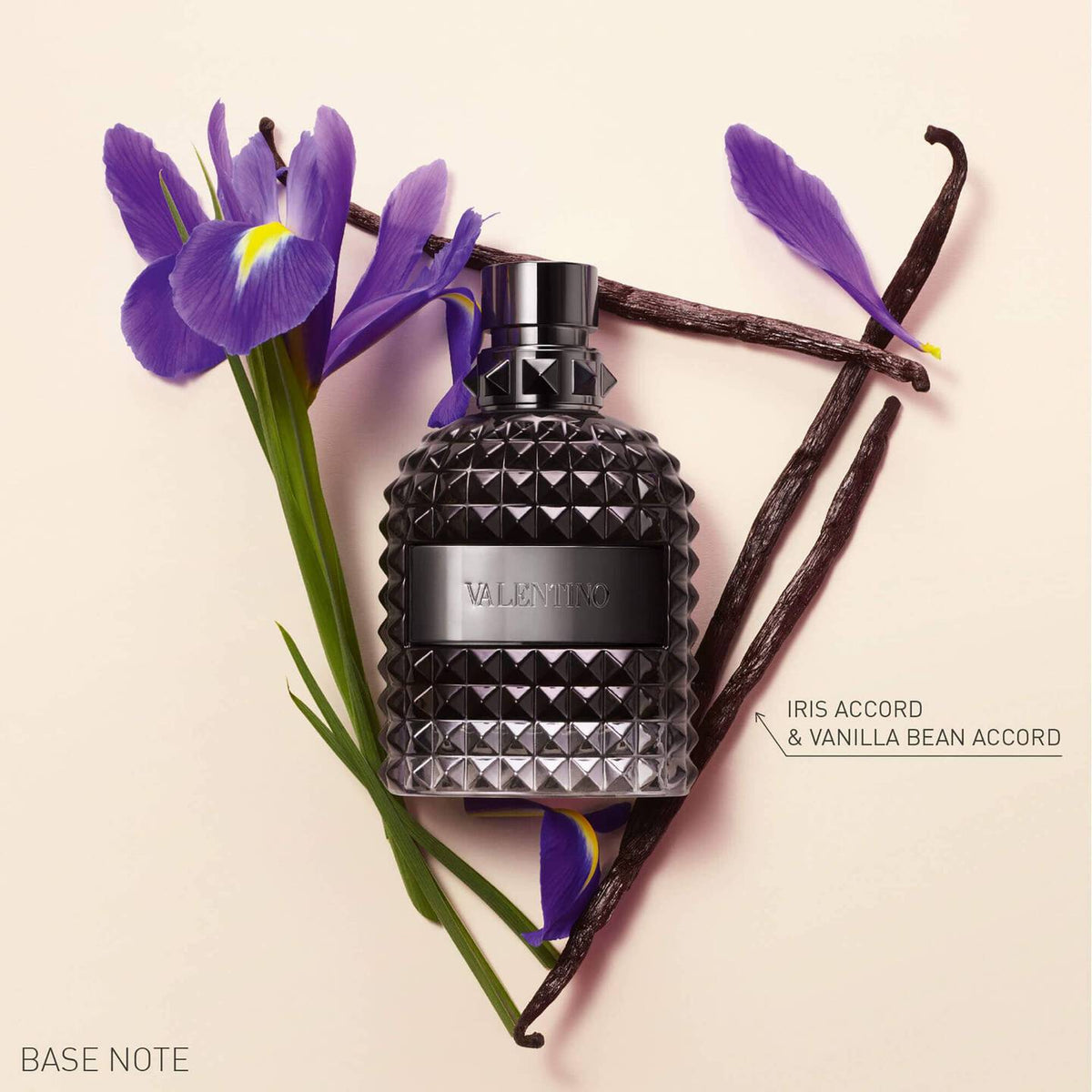 Refect Beauty Valentino Uomo Intense perfume bottle with iris flowers and vanilla beans on a soft beige background