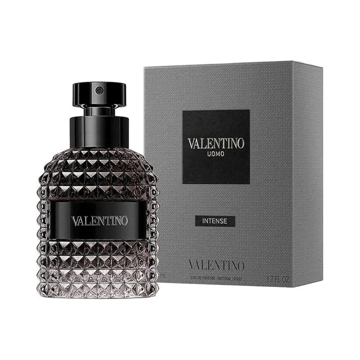Refect Beauty Valentino Uomo Intense Eau de Parfum in a signature studded glass bottle with its grey presentation box.