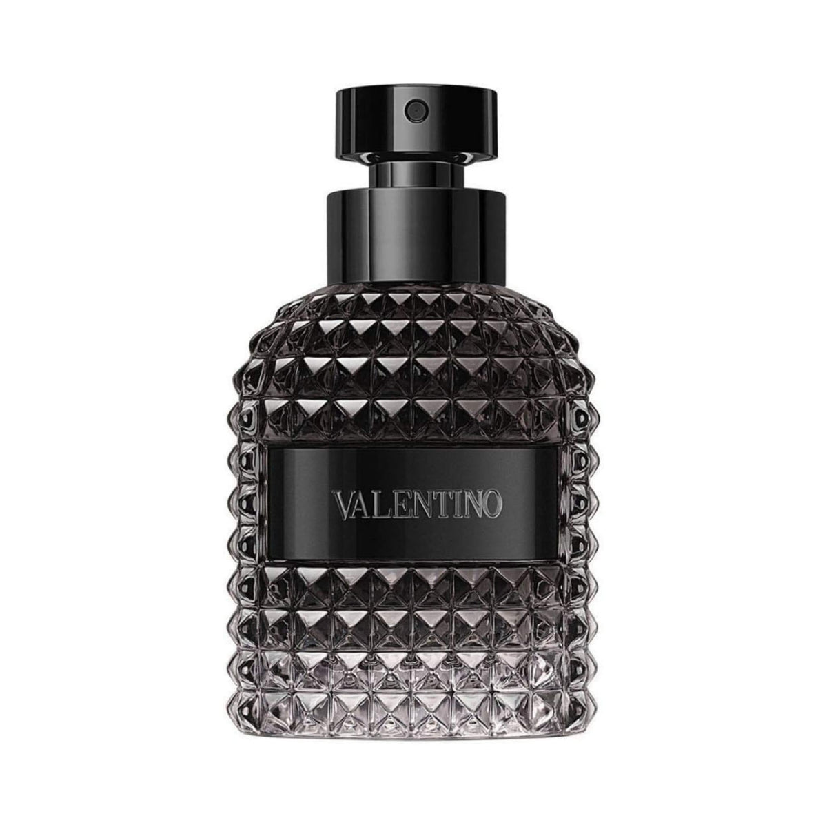 Refect Beauty Valentino Uomo Intense Eau de Parfum in a dark glass bottle with a signature studded texture.