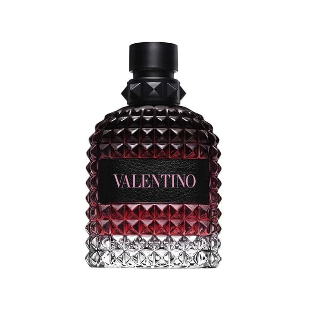 Refect Beauty Valentino Uomo Born In Roma Intense perfume bottle with iconic studded glass and dark red gradient.