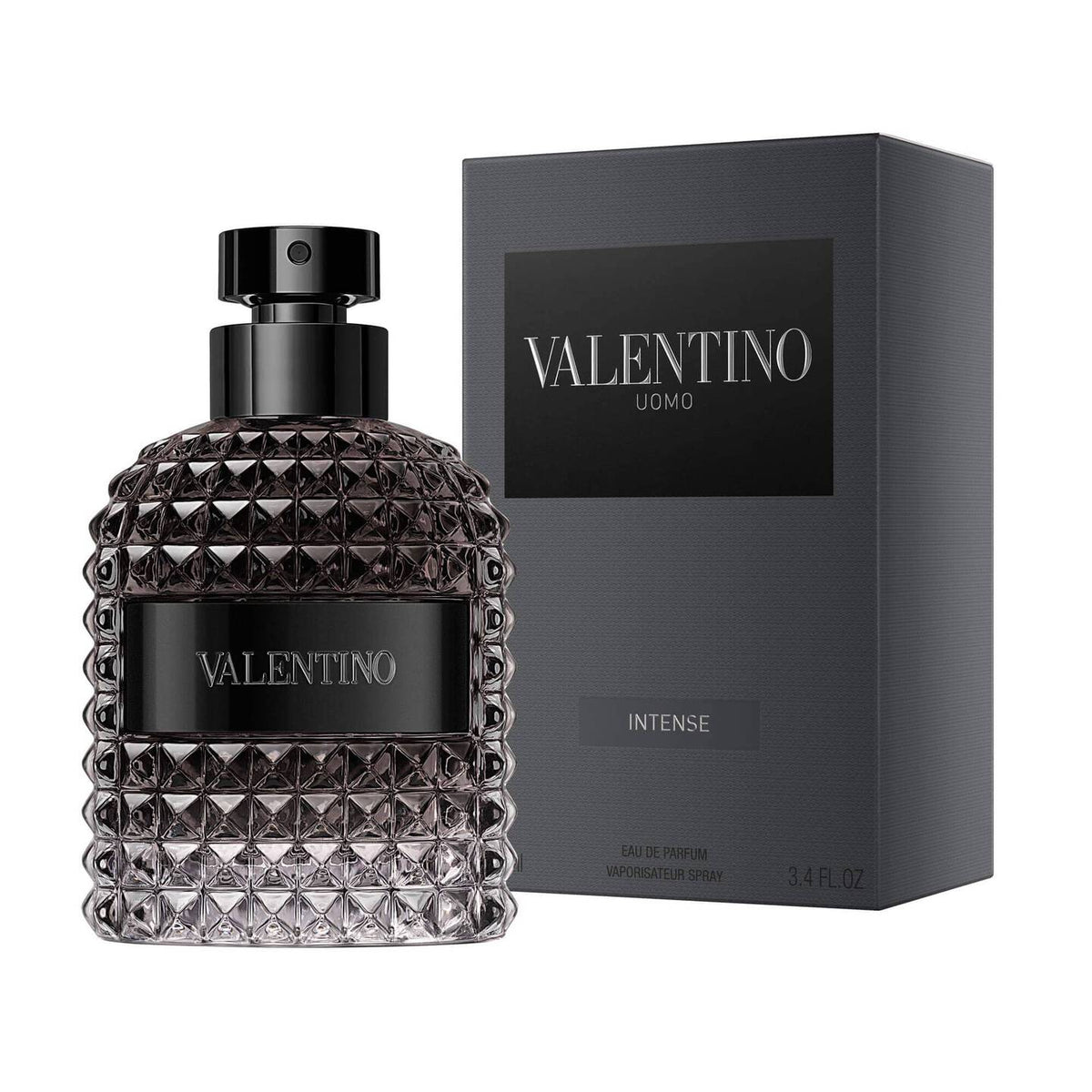 Refect Beauty Valentino Uomo Intense Eau de Parfum bottle with its signature studded glass and black presentation box.