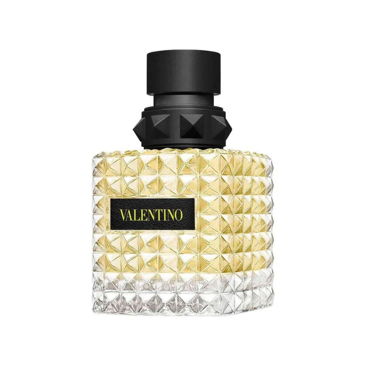 Refect Beauty Valentino Donna Born In Roma Yellow Dream perfume in a signature studded glass bottle with black cap.